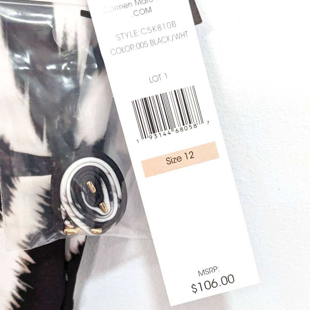 New Carmen Marc Valvo Swimsuit Womens 12 One Piece One Shoulder Black White Mesh - Picture 3 of 4